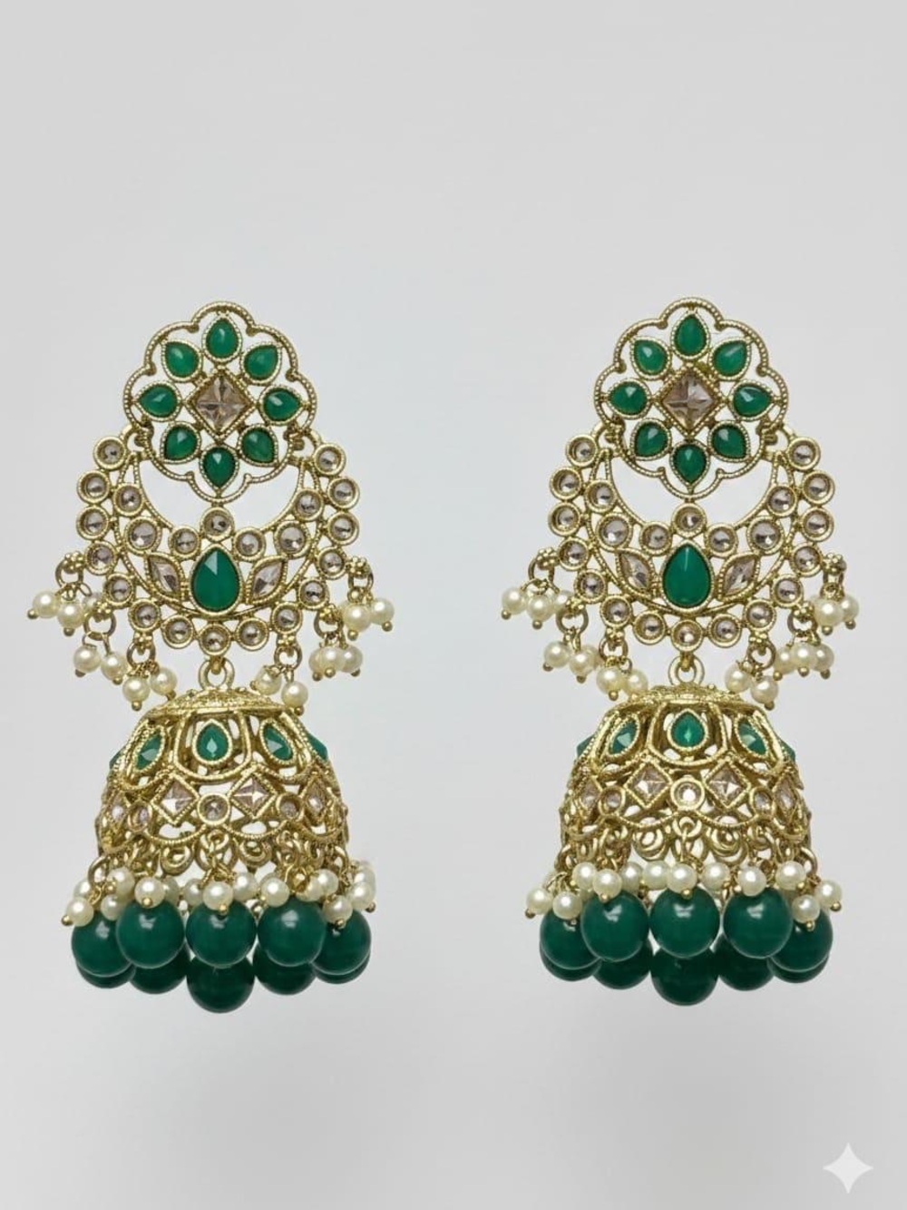 Gold and Emerald Green Jhumka Earrings - Women Jewelry